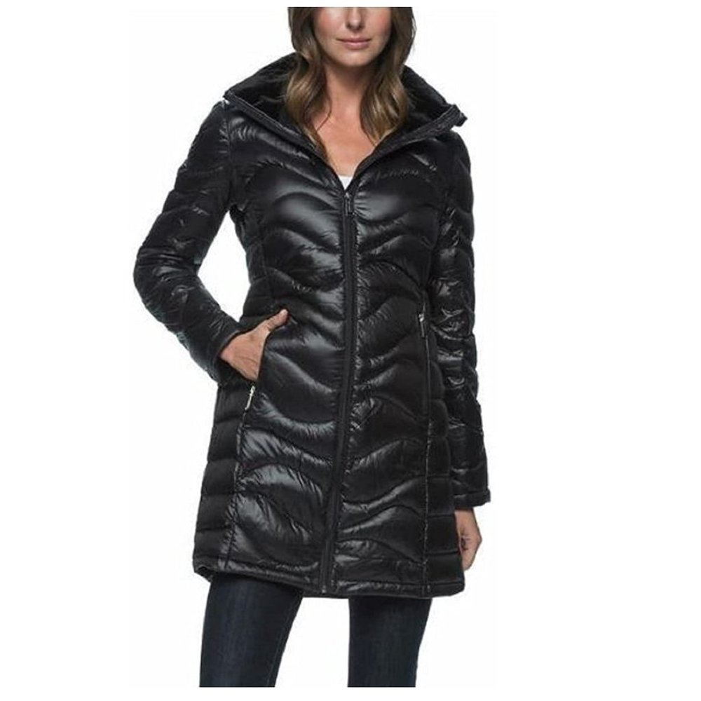 SOLD: ANDREW MARC HOODED  LIGHT Long down Jacket